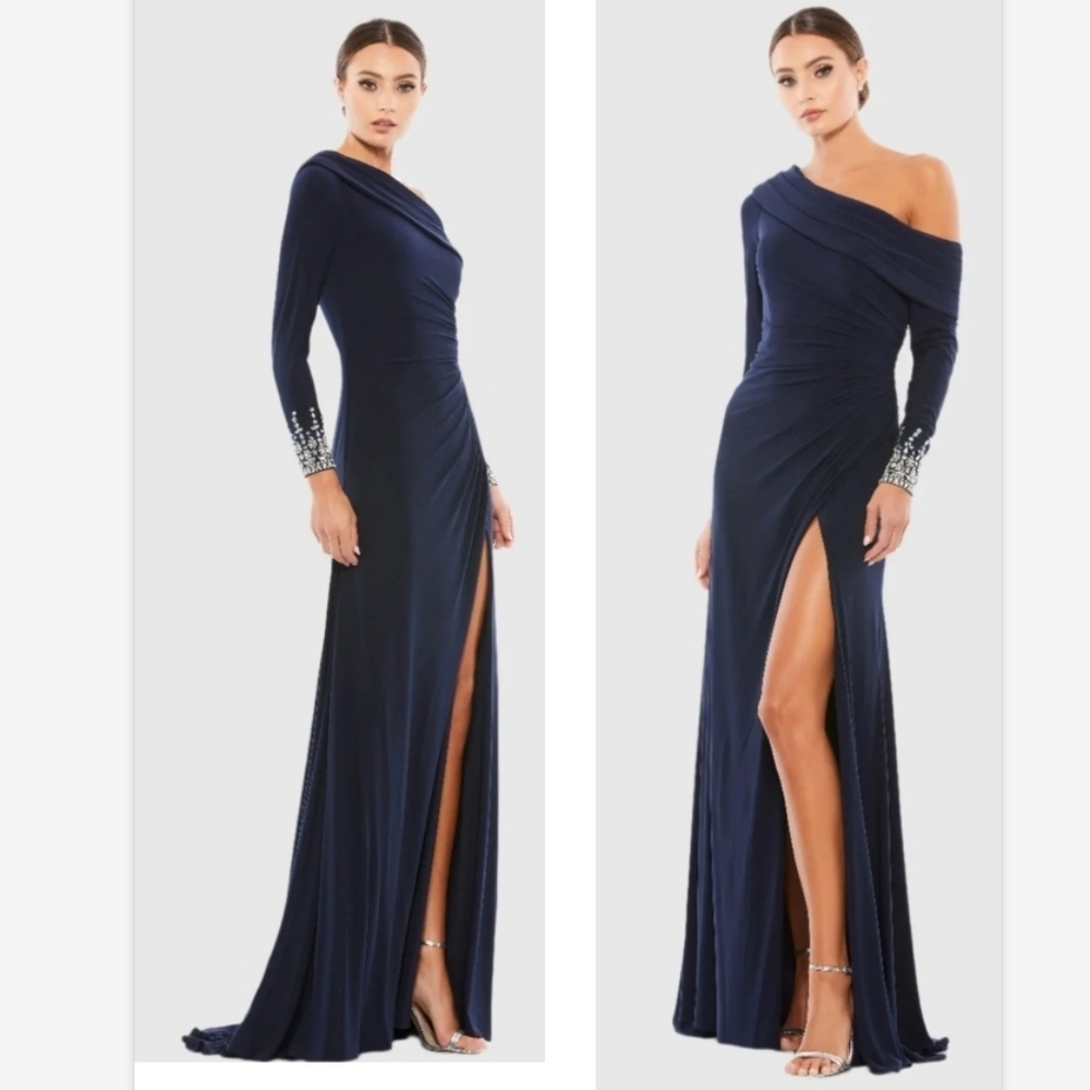 NWT Mac Duggal Navy Beaded Cuff Drop Shoulder Faux Wrap Gown SZ 14 1223Q